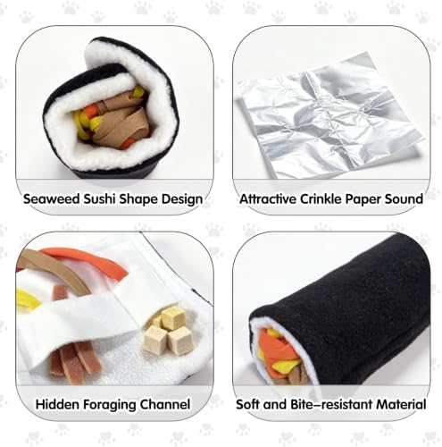Andiker Dog Chew Toy, Sushi Shaped Plush Dog Toy with Crinkle Paper and Colorful Cloth Strips, Rollable and Foldable Interactive Dog Toys with Hidden Snack Channel for Small Dogs