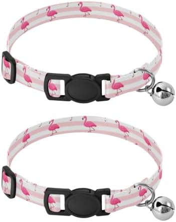 Pink Flamingos Stripes Cat Collar Breakaway with Bell 2 Pack Small Dog Collar Adjustable 10.6 to 17.1 Inches