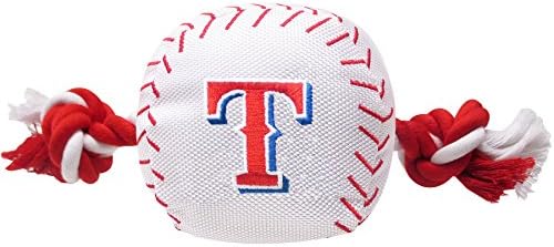 Pets First MLB Texas Rangers Baseball Rope Toy for Dogs & Cats. Tough Nylon, Sporty Baseball Design, Heavy-Duty Ropes with Inner Squeaker