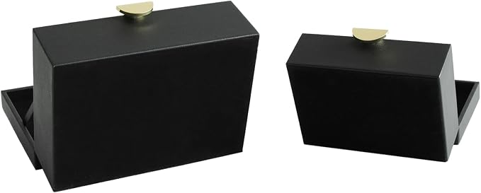 HofferRuffer Faux Leather Jewelry Boxes, Decorative Boxes Storage Accessory Organizer with Gold Hardware Decor, Classic Vegan Leather Set of 2 Pieces (Black)