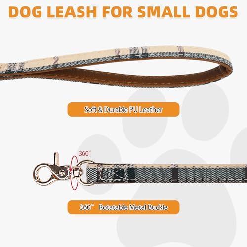 KOOLTAIL Small Dog Collar and Leash Set with Bowtie and Bells, Cute Embroidery Puppy Bandana Collar Collar and Leash with Classic Plaid Pattern,Soft Leather Tangle Free Leashes for Small Dogs,Boy Girl