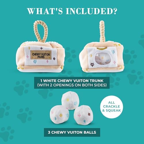 Haute Diggity Dog Chewy Vuiton Trunk Puzzle with 3 Plush Squeaky Dog Toys