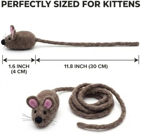 Glaciart One Mini Felt Mouse Cat Toy – Kitten & Small Cat Size, Natural Wool Catnip Toy, Soft Fuzzy Interactive Play Toy for Indoor Kittens, Safe Non-AZO Dyes, 1.4” Body with 12” Tail