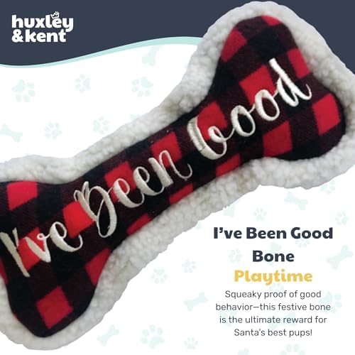 Huxley & Kent Funny Dog Toy w/Squeaker – Holiday Power Plush Squeaky Dog Toys for Small, Medium & Large Dogs – Soft Stuffed Animal for Indoor Play & Fetch - I've Been Good Bone, Small