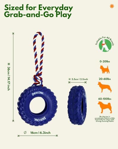 Deeow Tether Dog Tire Chew Toy for Teething & Treat Dispensing-Blue 6.3''