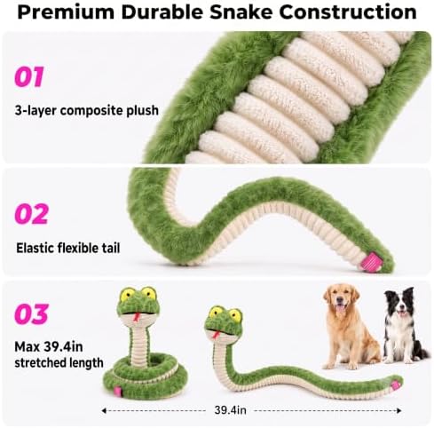 Squeaky Dog Plush Chew Toy, Interactive Tug Squeaky Toy for Chewers, Medium & Large Dogs & Fetch Play, 39.4In Stuffed Silly Snake Toy with Elastic Stretchable Body for Gentle Gum Care & Boredom Relief