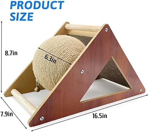 Fhiny Cat Scratcher Toy with Sisal Ball, 2-in-1 Rope Ball with Bell & Cardboard Cats Scratching Interactive Solid Wood Durable Scratch for Indoor Kitties Wear-Resistant Furniture Supplies