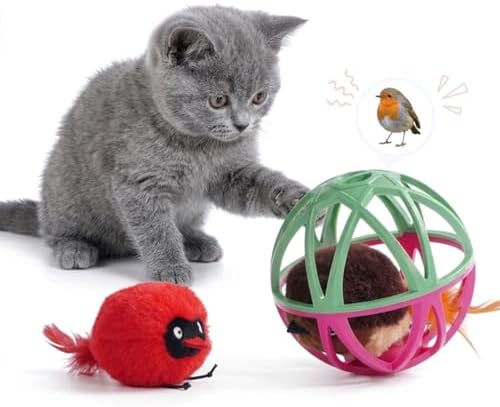 Cat Toys for Indoor Cats - Interactive Ball Cage Cat Toy with Realistic Bird Sounds & 2 Catnip Plush Toys, Motion-Activated Hunting Simulation Toy for Cats