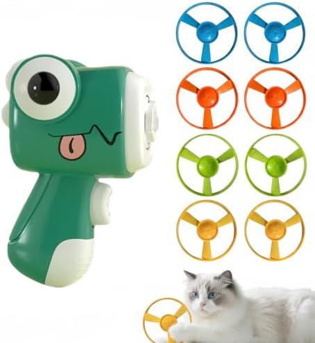 Interactive Cat Toy for Indoor Cats - Cat Fetch Toy Launcher with 8 Colorful Flying Discs, One-Press Exercise Toy for Chasing & Hunting, Fun Kitten Toy for Adult Cats, Green