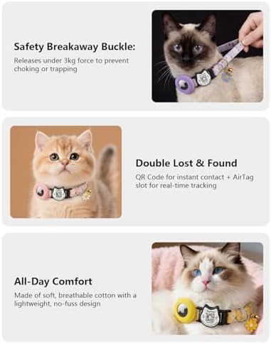 Cute Floral Breakaway Cat Collar with QR Code ID, Cotton Kitten Collar with Bell & AirTag Holder, Adjustable Safety Collar for Cats,Pastoral Style with airtag Holder(Pink)