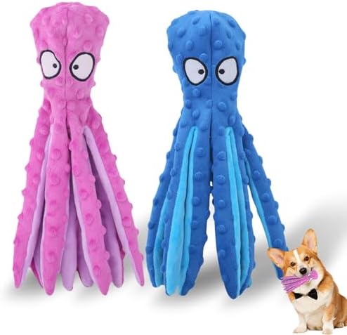 Dog Squeaky Toys Octopus, No Stuffing Plush Toys, Squeaky Octopus Dog Toy - Durable Plush for Puppies, Interactive Dogs Toys for Aggressive Chewers (Purple+Blue)