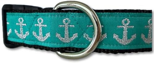 Anchor Dog Collar Large Nautical Pet Collar Handmade Teal and Silver Adjustable 15-22 Inch