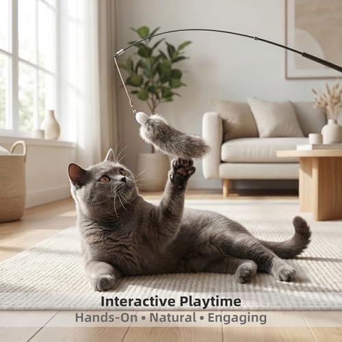 2 Pack Natural Rabbit Fur Cat Toy Refills – Silent Interactive Cat Toys for Indoor Cats, Handmade Replacement Heads with Secure Connector for Cat Wand Toys