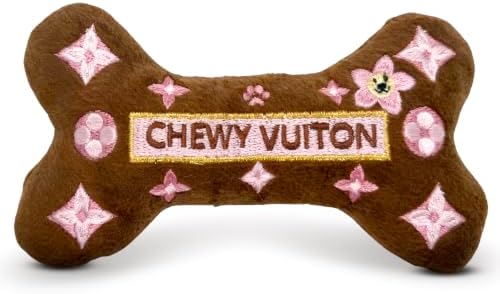 Dog Diggin Designs Chewy Vuiton Brown Blossom Plush Dog Toy Bone | Luxury-Inspired Parody Designer Bone with Squeaker, Soft Plush Chew & Play Dog Toy – Prêt-à-Porter Play!