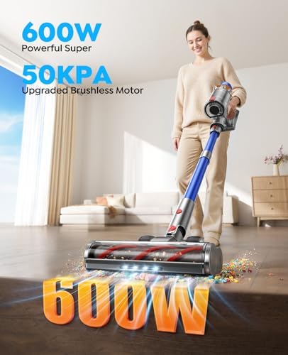 Dual-Battery Cordless Vacuum Cleaner 130 Mins(Eco) 50KPa 600W, Stick Vacuum | Rechargeable, 3.3Ft Hose, Sofa Brush, TouchScreen, AUTO-Mode, Wall Mount Charging, Scented, for Home /Floors/Carpets/Pet Hair
