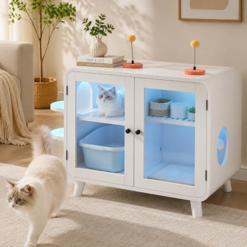 Hidden Cat Litter Box Enclosure Cat House Furniture with RGB LED Light Stairs Pom Pom Toys Glass Doors Litter Leak Walkway Cat Washroom Cabinet White Pet Furniture for Indoor Cats Modern