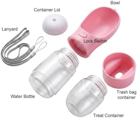Dog Water Bottle with Food Container, Portable Dog Bowl, Travel Pet Pink