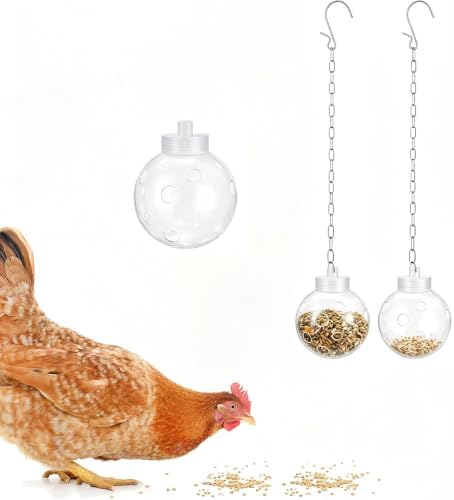 2 Pack Transparent Hanging Chicken Treat Dispenser, Interactive Slow Feeder Peck Toys with Chain, Boredom Relief Poultry Coop Accessories for Hens Ducks