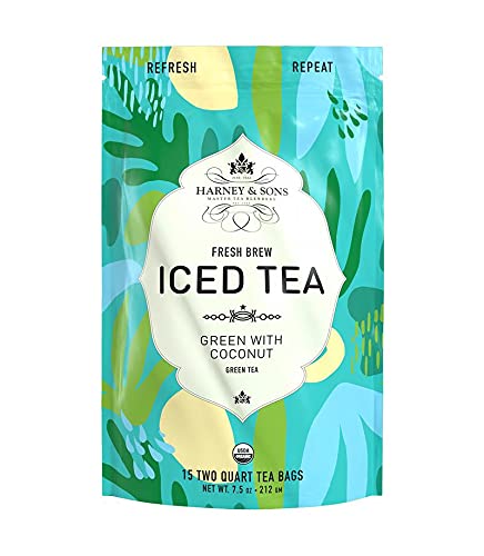 Harney & Sons Fresh Brew Iced Tea, Organic Green Tea with Coconut, 15 Iced Tea Bags, Brews Up to 30 Quarts, Tropical Flavor