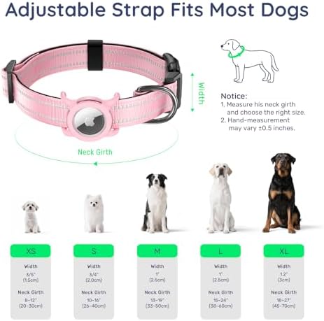Reflective Dog Collar with AirTag Holder, Waterproof Dog Collar with QR Code, Heavy Duty Adjustable Pet Collar for Small Medium Large Dogs, Pink