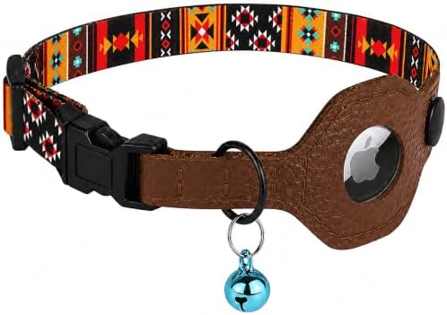 Breakaway Cat Collar with Leather AirTag Holder & Bell - Apple Air Tag Cat Collars for Girls & Boys, Lightweight Anti-Lost GPS Tracker Design, Printed Pattern - Safety and Adjustable (Western)