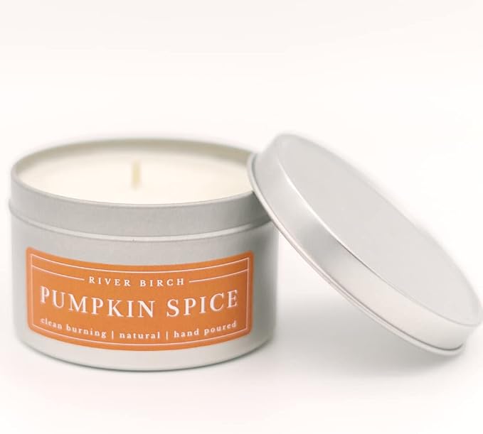 River Birch Candles Pumpkin Spice Scented Candle | Premium, All-Natural, Non-Toxic, Soy Candles | 8 oz. Silver Tin Travel Candle | Cozy Relaxing Gifts for Home