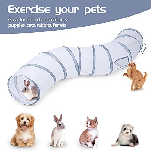 Sheldamy Cat Tunnel, S-2-Way Cat Tunnels for Indoor Cats, Collapsible Cat Play Tunnel, Interactive Toy Maze Cat House with 1 Play Ball for Cats, Puppy, Kitty, Kitten, Rabbit (White & Gray)