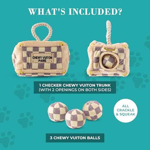 Haute Diggity Dog Chewy Vuiton Trunk Puzzle with 3 Plush Squeaky Dog Toys