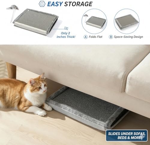 Happi N Pets Cat Scratcher Mat, 3 in 1 Foldable Sisal Mat for Small & Medium Cats, Portable Natural Scratcher with Memory Foam Bed & Interactive Toy, Rectangular, Grey