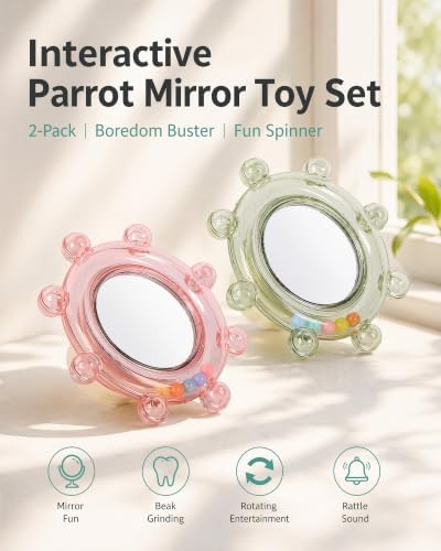 Bird Toy with Mirror, Spinner Rattle Parakeet Rotating Interactive Toy