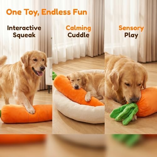 2 Pack Giant Long Squeaky Carrot Plush Dog Toy, Anxiety Relief Calming Chew Toy with Hypoallergenic Stuffing, Indoor Boredom Toy Only for Soft & Moderate Chewers Small Medium Dogs