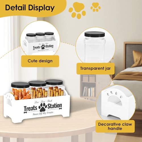 Dog Treat Container, Food Storage Container with 3 Plastic Dog Treat Jars, Reusable Cat Treat Container, Pet Treat Storage Organizer, Wood Dog Treat Holder, Dog Food Container for Dog Cat(white)