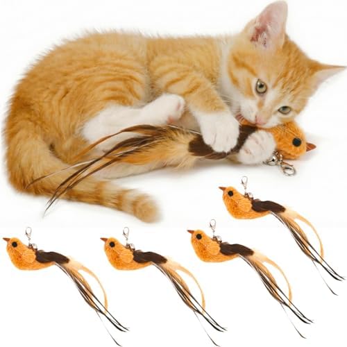 miwoowim 4PCS Feather Bird Cat Wand Refills &,Door Hanging Suction Cup Set