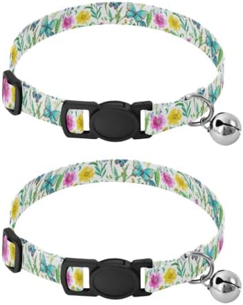 2 Pack Small Dog Collar Watercolor Wild Flowers Kitten Collar with Bell, Adjustable 10.6 to 17.1 Inches