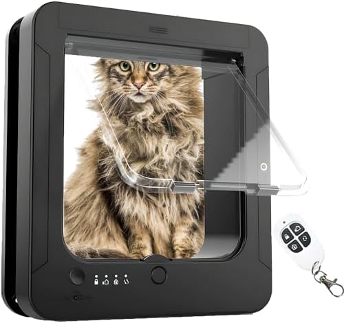 Microchip Cat Flap, Smart Cat Door, with 2 Sensor Collars and 1 Remote Control, Opening Size: 7.7 * 8.3 in, for Cat, Puppy(Black)