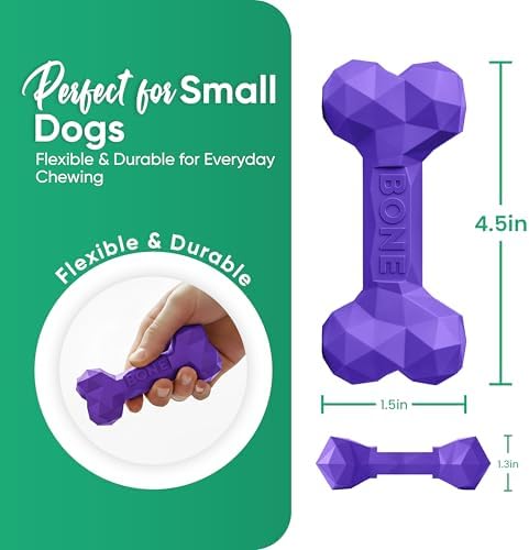 Natural Rubber Dog Toys for Small Dogs & Puppies - Durable Dental Dog Bone Toy for Indoor & Outdoor Play - Interactive Tough Teething Toy for Boredom Relief - For 25 lbs Small Dogs (Purple)
