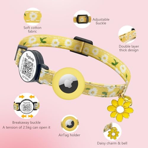 QR Code + Airtag Cat Collar, 2-in-1 Breakaway Safety Collar with Online ID & Apple AirTag Holder, Lightweight with Bell & Flower Charm for Cats, 8-13in (Pink)