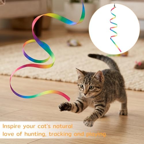 5 PCS Cat Rainbow Ribbon Toy, Detachable Cats Toy Wand Replacement Extended Cat Toys Attachments with Bell for Cats Kittens Small Pets Indoor Outdoor Exercise Play