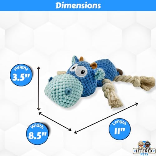 Large Dog Toy - Blue Cow Squeaky Dog Toys for Large Dogs, Medium and Small Dogs. Durable with Pineapple Plush Fabric, Rope Legs, Hidden Seams, Reinforced Stress Points, Embroidered Eyes