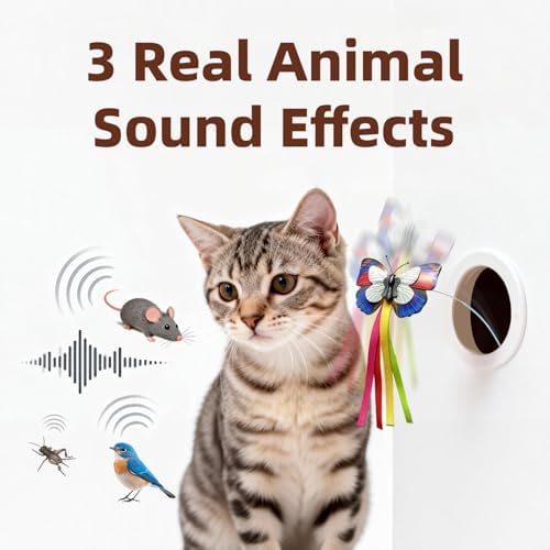 Interactive Cat Toys, Dual-Motor with Butterfly, Hidden Feathers & Plush Reed, 3 Animal Sounds, 3 Hunt Modes, Touch Activated, Rechargeable Hide & Seek Cat Toys for Bored Indoor Adult Cats & Kitten
