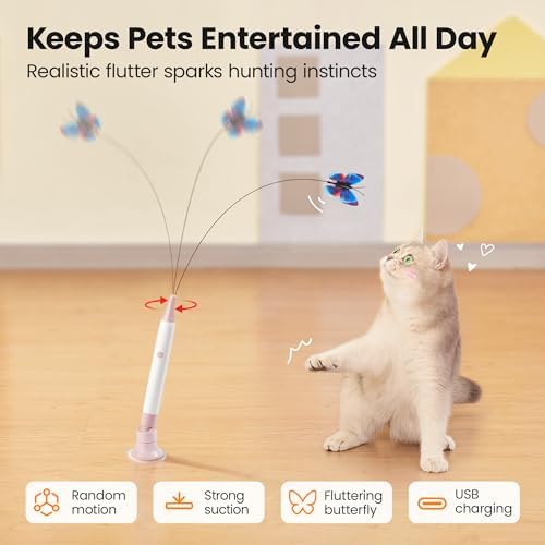 Potaroma Interactive Spinning Butterfly Cat Toy Wand, Rechargebale | Automatic Self-Play & Handheld Mode, Electric Touch Activated Cat Teaser with Suction Cup for Indoor Kittens