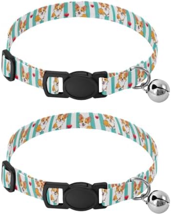 Cartoon Dogs Hearts Aqua White Cat Collar with Bell 2 Pack Dog Collar Adjustable 10.6 to 17.1 Inches