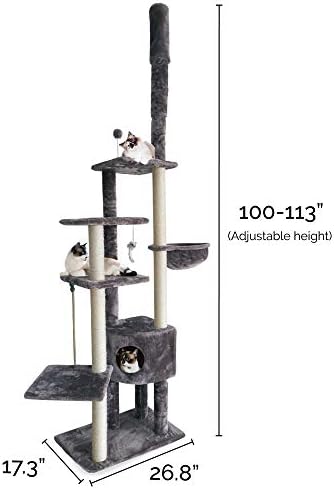Furhaven 100"-113" Tall Cat Tree for Indoor Cats w/ Adjustable Height, Ft. Sisal Scratching Posts, Condo, & Toys - Tiger Tough Skyscraper Interactive Playground Tower - Gray, One Size