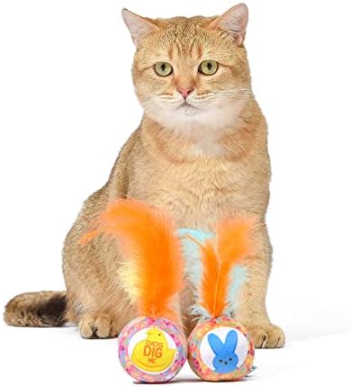 Peeps for Pets Jingle Bell Blue Bunny and Yellow Chick Catnip Cat Toys, 4''- 2 Count | Cat Toy Set with 2 Cat Toys | Catnip Cat Toys Feather Cat Toys Cat Bell Toy, Orange & Pink