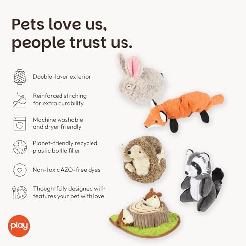 P.L.A.Y. Cute Plush Dog Toys - Forest Friends Critter Themed Durable Squeaker Crinkle Chew Toys, Great for Puppies & Small, Medium, Large Dogs - Machine Washable, Recycled Materials (5 Piece Set)