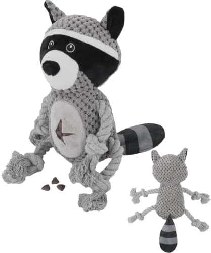 Dog Squeaky Chew Toy, Plush Crinkle Rope Dog Toy - Gray Raccoon