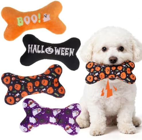 EXPAWLORER 4 Pack Halloween Dog Squeaky Toys,Interactive Plush Bone Toy