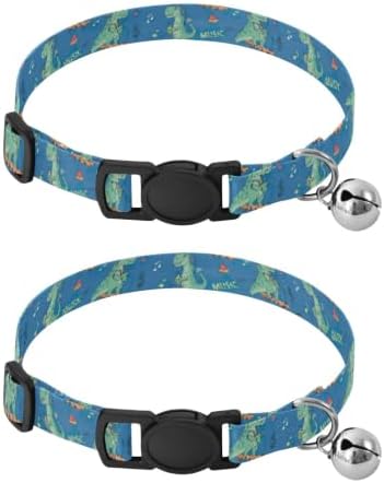 2 Pack Kitten Collars Cartoon Dinosaur Listening Music Cat Collar Breakaway with Bell, Adjustable Length 10.6" to 17.1"