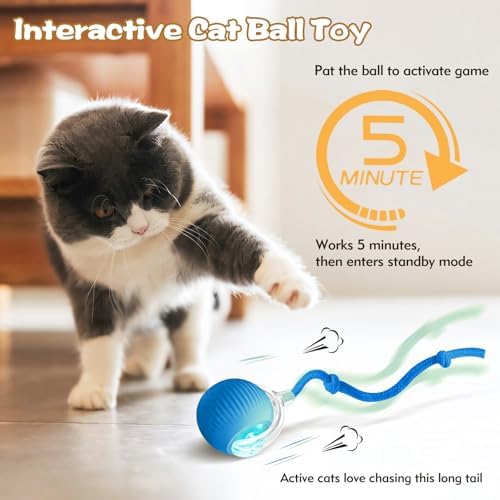 Interactive Cat Ball Toys for Indoor Cats, Upgraded Automatic Cat Toys for Bored Indoor Adult Kitty, Peppy Pet Ball for Cats, 360°Smart Rolling Kitty Balls Toy (Blue)