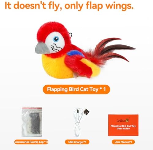 Cat Toys Flapping Bird(Cannot Fly), Electric Simulated Chirping Bird Interactive Kitten Toy with Flappy Wings, Rechargeable Touch Activated Toy with Catnip and Feather for Indoor Cats - Red
